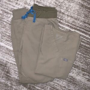 Figs Woman’s Khaki Joggers Scrubs with Blue Accents